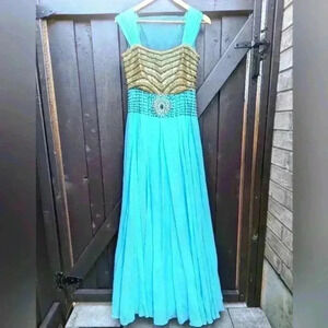 Indian Inspired Aqua Emerald Cinderella Dress with Tulle & Crystals - size Small